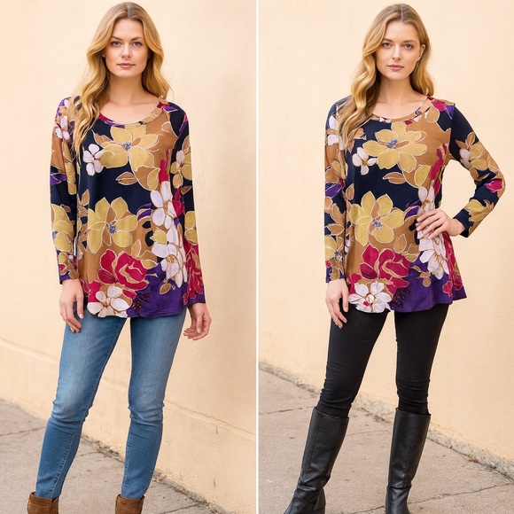 Discreet Tops - Discreet Navy and Violet Floral Top